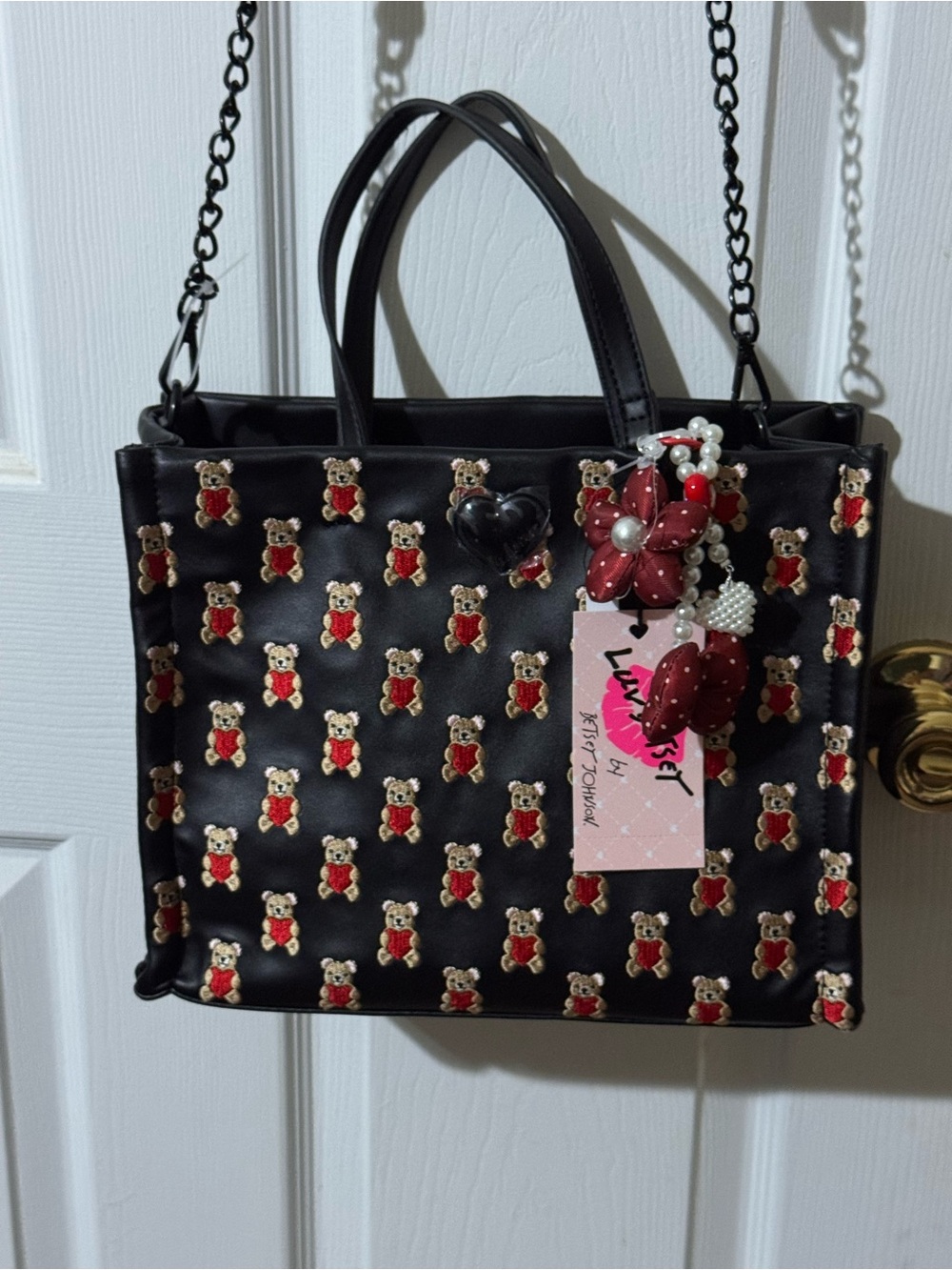 Betsey Johnson Black Teddy Embroidered Tote Bag with Heart Charm
